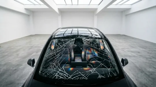 Toit panoramique fissuré sur une voiture moderne avec reflets lumineux et ombres