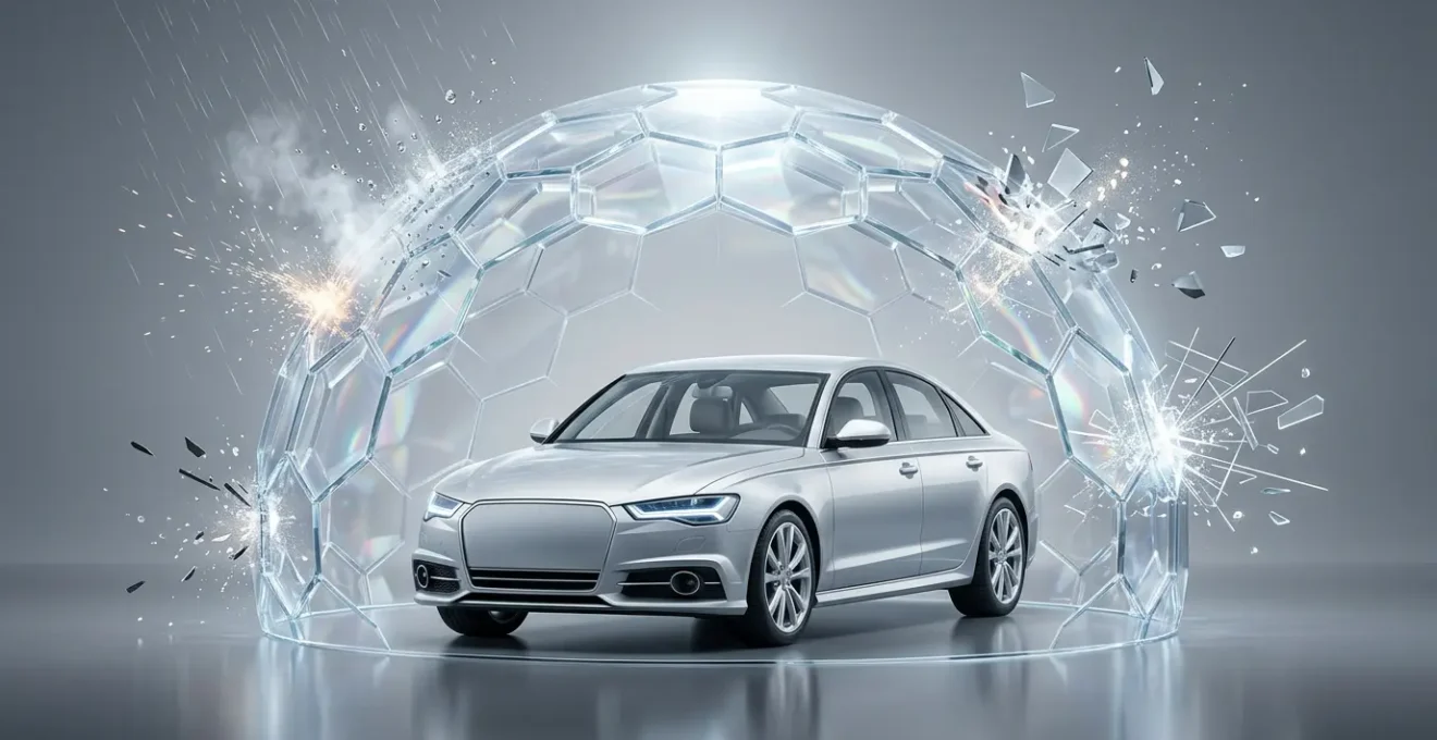 Voiture moderne protégée par un bouclier translucide symbolisant la garantie dommages tous accidents