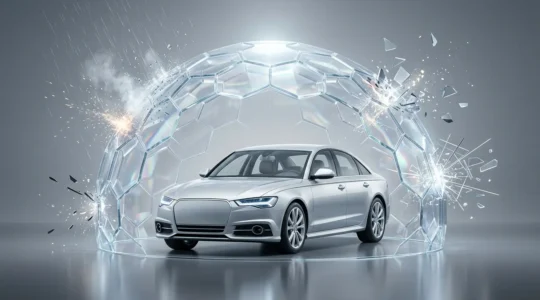 Voiture moderne protégée par un bouclier translucide symbolisant la garantie dommages tous accidents