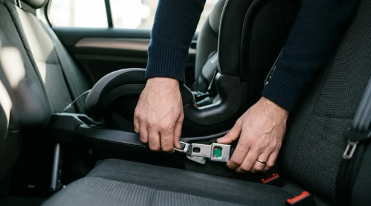 Installation d'un siège auto Isofix avec indicateurs verts et système de sécurité visible