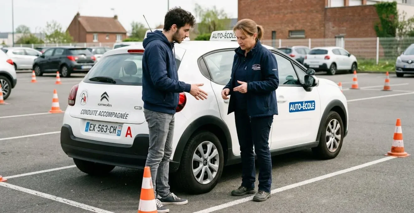 Jeune conducteur en discussion avec un moniteur d'auto-école près du véhicule d'apprentissage