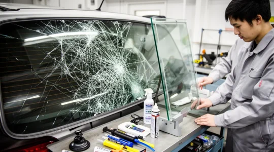 Lunette arrière brisée d'une voiture avec technicien effectuant le remplacement