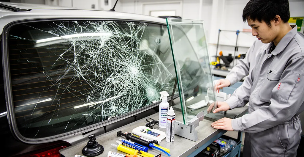 Lunette arrière brisée d'une voiture avec technicien effectuant le remplacement