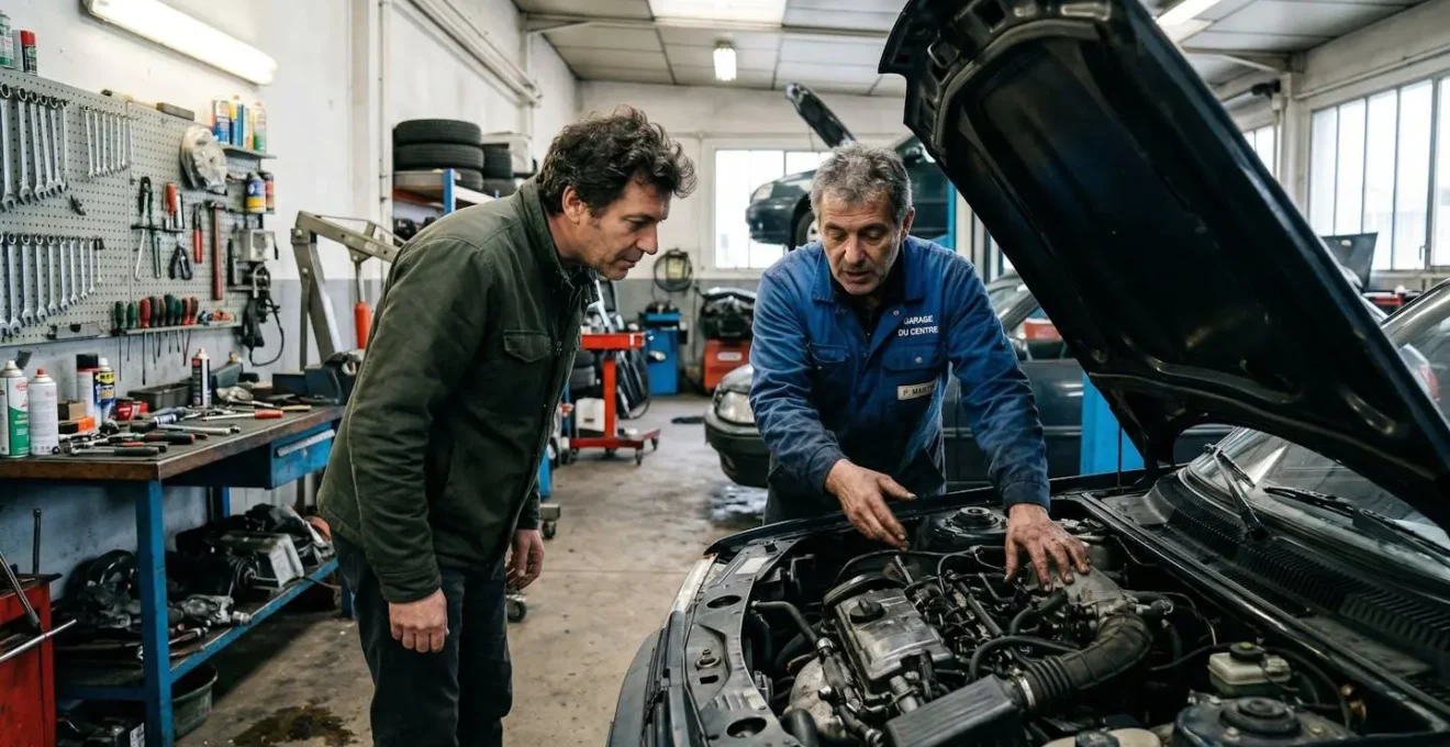 Expert automobile expliquant les garanties à vérifier lors d'une inspection de véhicule