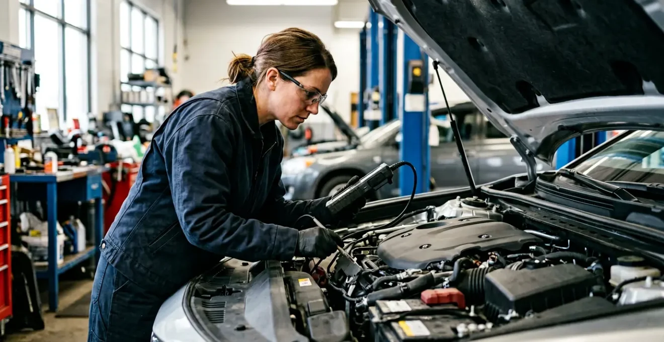 Mécanicien professionnel examinant un moteur de voiture avec des outils de diagnostic dans un atelier automobile lumineux