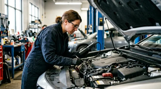 Mécanicien professionnel examinant un moteur de voiture avec des outils de diagnostic dans un atelier automobile lumineux