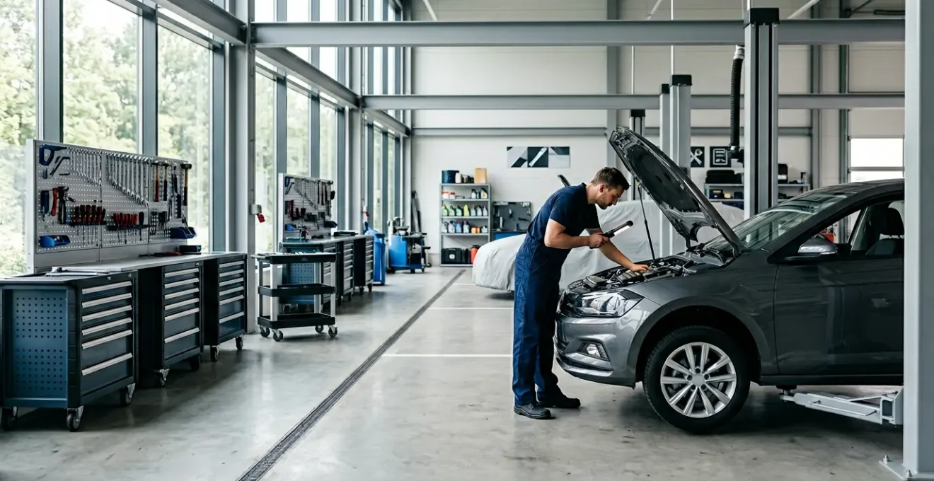 Vue d'ensemble d'un atelier de réparation automobile moderne avec mécanicien inspectant minutieusement un véhicule