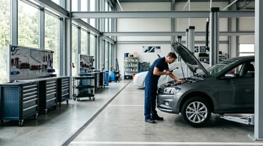 Vue d'ensemble d'un atelier de réparation automobile moderne avec mécanicien inspectant minutieusement un véhicule
