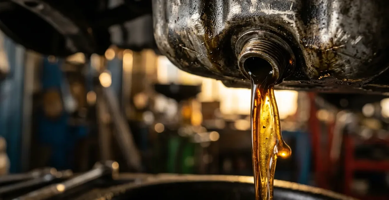 Vue détaillée d'un moteur automobile pendant une opération de vidange avec focus sur les composants mécaniques