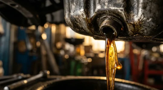 Vue détaillée d'un moteur automobile pendant une opération de vidange avec focus sur les composants mécaniques