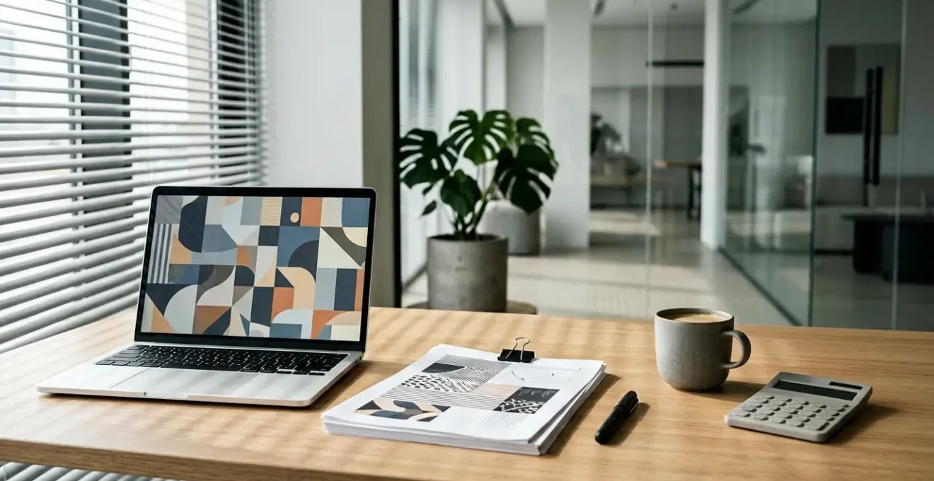 Bureau moderne avec ordinateur portable affichant des formulaires en ligne, papiers organisés et calculatrice, ambiance professionnelle et sereine