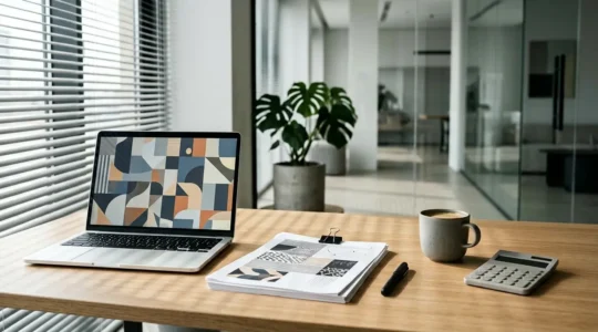 Bureau moderne avec ordinateur portable affichant des formulaires en ligne, papiers organisés et calculatrice, ambiance professionnelle et sereine