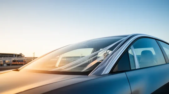 Vue détaillée d'un pare-brise automobile montrant sa structure feuilletée et son rôle structurel