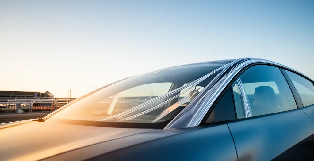 Vue détaillée d'un pare-brise automobile montrant sa structure feuilletée et son rôle structurel