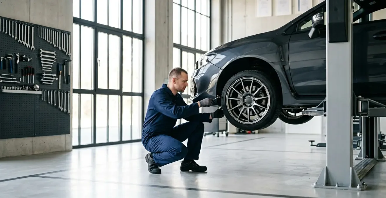 Mécanicien examinant une jante aftermarket sur un pont élévateur dans un atelier automobile moderne