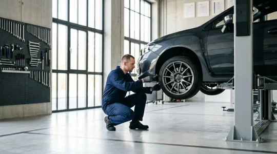 Mécanicien examinant une jante aftermarket sur un pont élévateur dans un atelier automobile moderne
