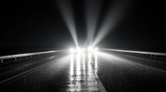 Phares de voiture éblouissants créant un halo lumineux dans la nuit sur route humide