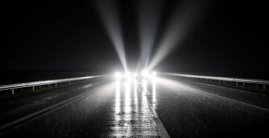 Phares de voiture éblouissants créant un halo lumineux dans la nuit sur route humide