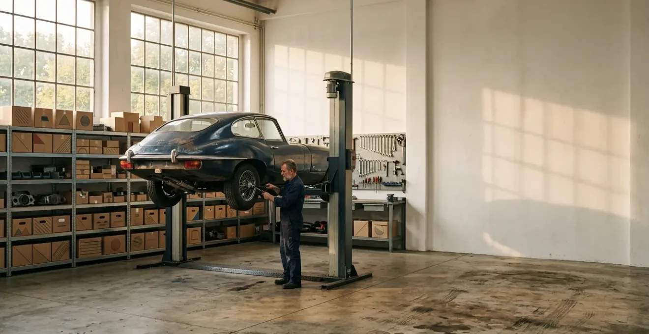 Vue d'ensemble d'un atelier mécanique spécialisé dans les véhicules anciens avec pièces détachées organisées
