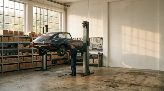 Vue d'ensemble d'un atelier mécanique spécialisé dans les véhicules anciens avec pièces détachées organisées