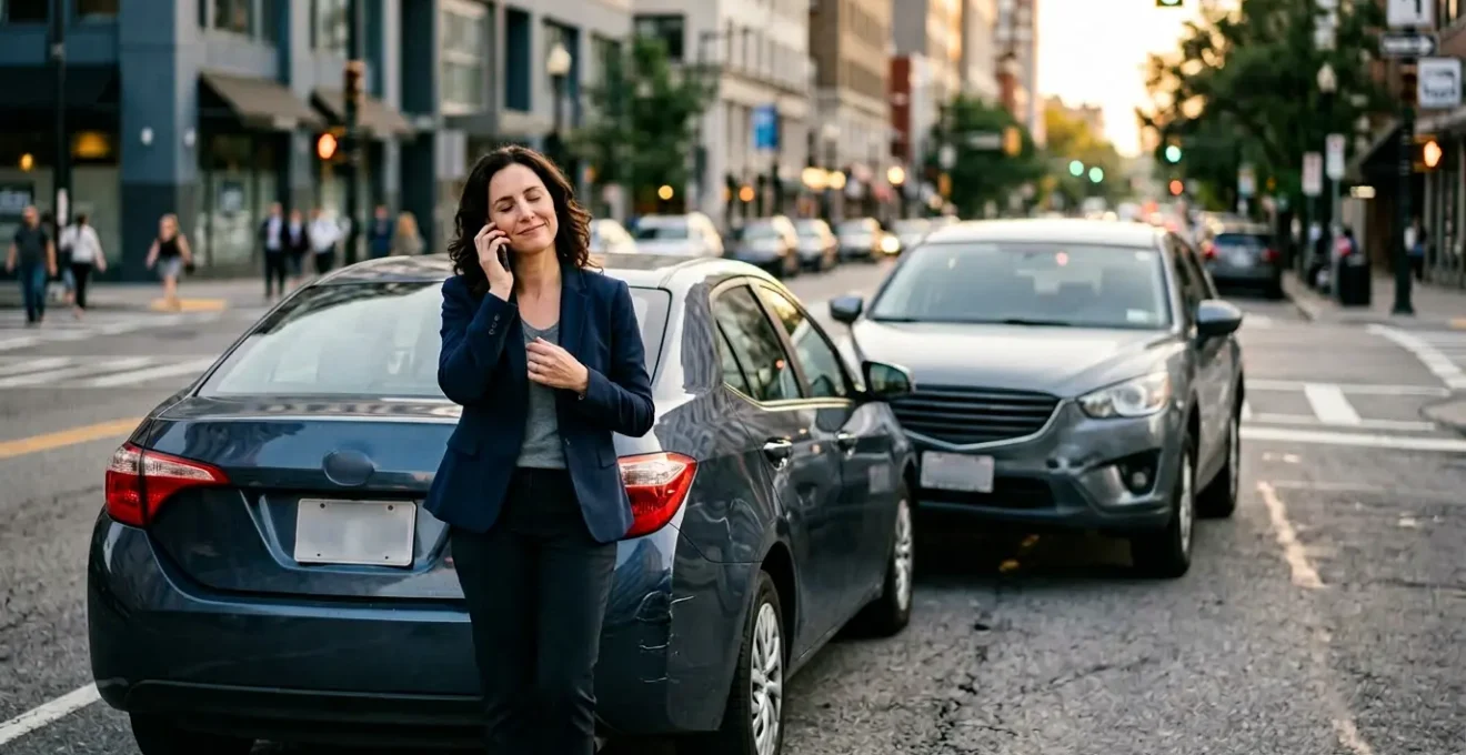 Scène d'un accident automobile avec échange de constat amiable et conseiller juridique au téléphone