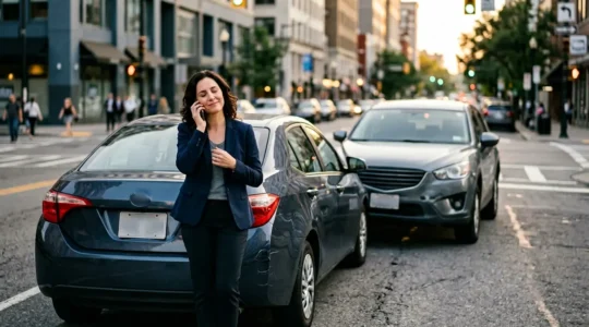 Scène d'un accident automobile avec échange de constat amiable et conseiller juridique au téléphone