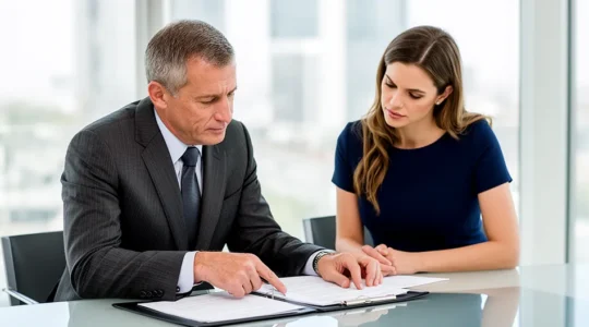 Avocat et client analysant ensemble un contrat d'assurance automobile