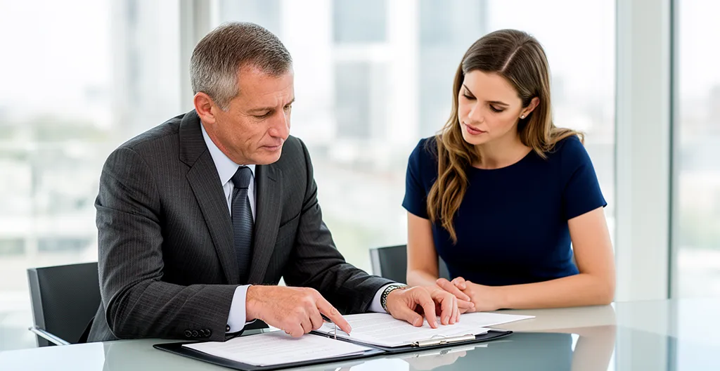 Avocat et client analysant ensemble un contrat d'assurance automobile