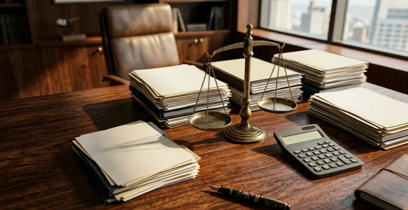 Vue aérienne d'un bureau d'avocat avec dossiers juridiques et calculatrice sur une table en bois