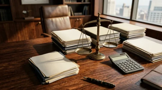 Vue aérienne d'un bureau d'avocat avec dossiers juridiques et calculatrice sur une table en bois