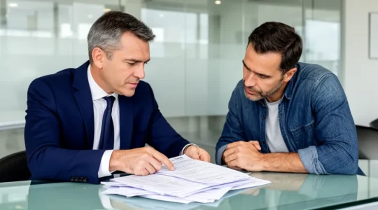 Un expert en assurance examine les documents d'un véhicule avec un propriétaire dans un bureau professionnel