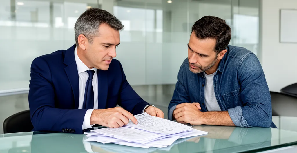 Un expert en assurance examine les documents d'un véhicule avec un propriétaire dans un bureau professionnel