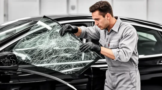 Technicien automobile remplaçant un pare-brise dans un atelier professionnel