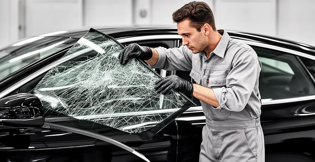 Technicien automobile remplaçant un pare-brise dans un atelier professionnel