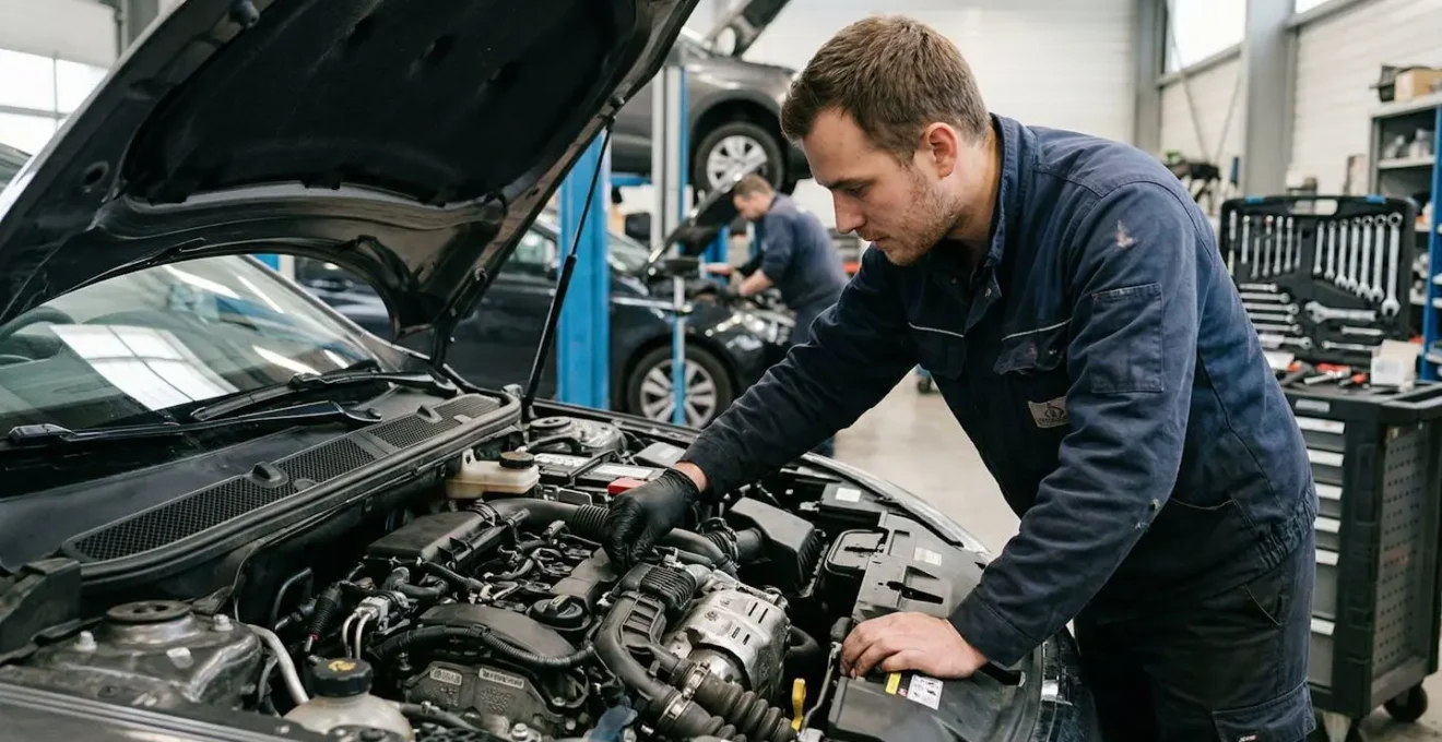 Technicien automobile inspectant le compartiment moteur dans un atelier professionnel