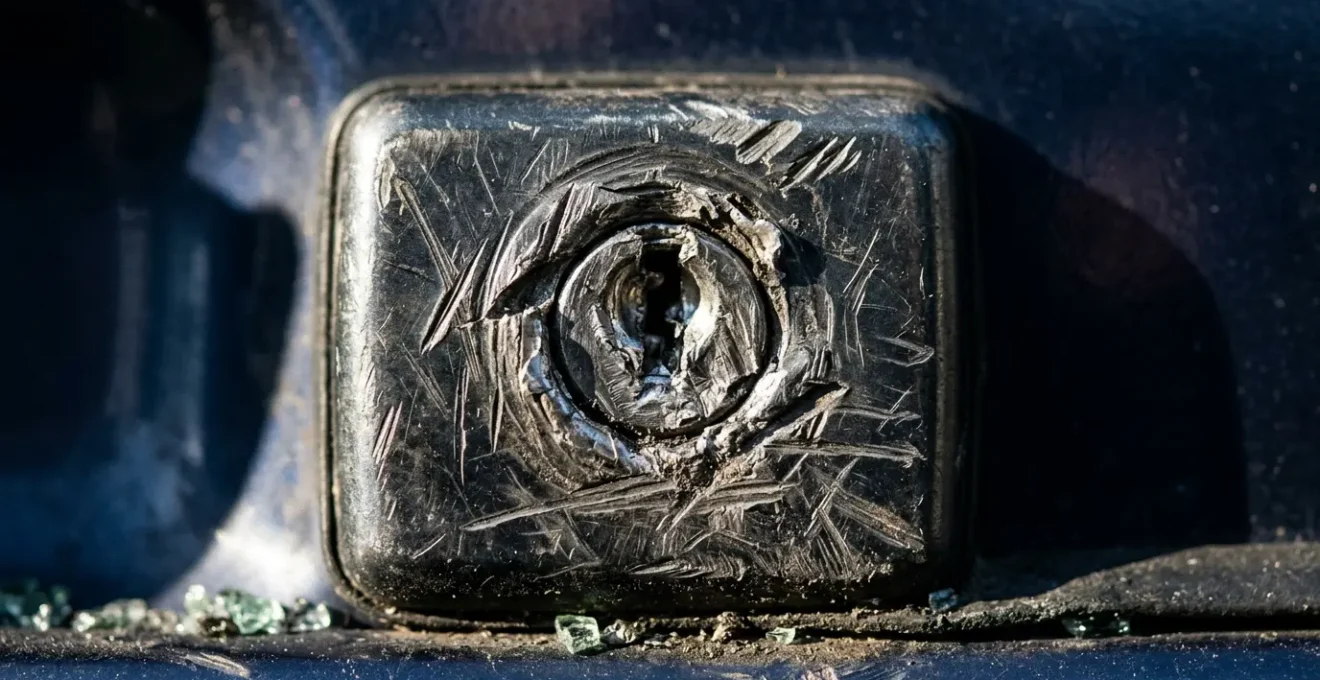 Vue détaillée d'une serrure de voiture endommagée avec des marques d'effraction et une vitre latérale brisée