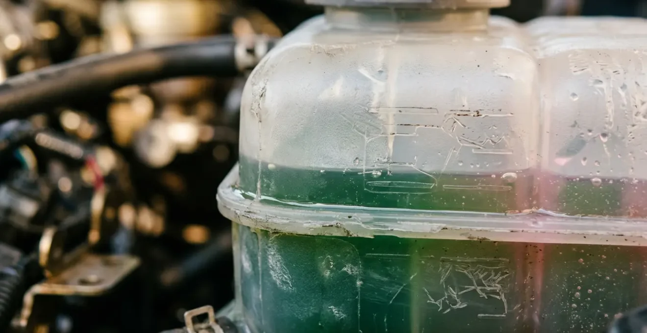 Vue détaillée du vase d'expansion contenant le liquide de refroidissement sous le capot d'une voiture