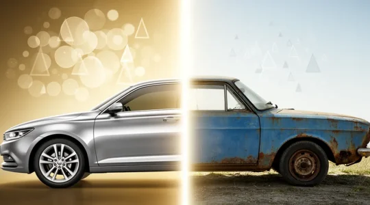 Comparaison visuelle entre un véhicule récent et un véhicule ancien avec symboles de protection d'assurance