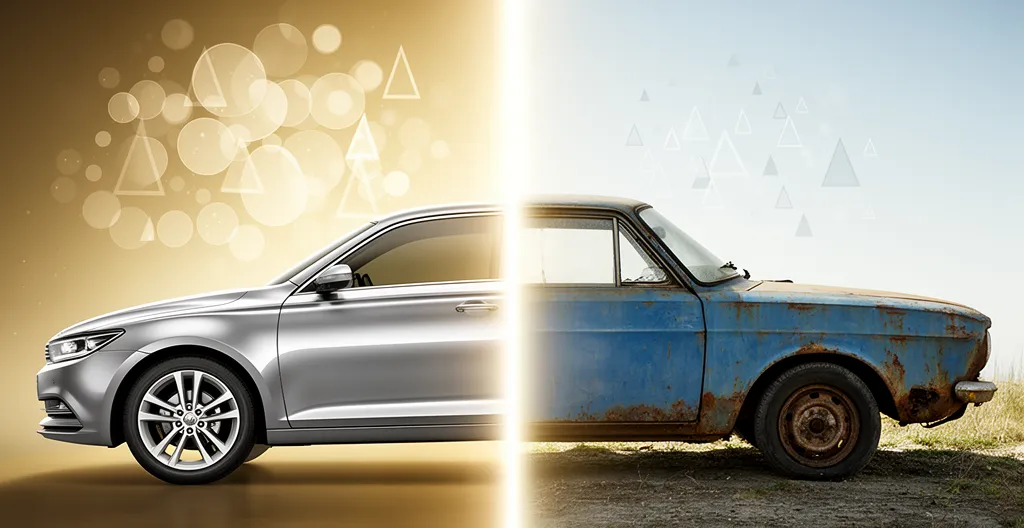 Comparaison visuelle entre un véhicule récent et un véhicule ancien avec symboles de protection d'assurance