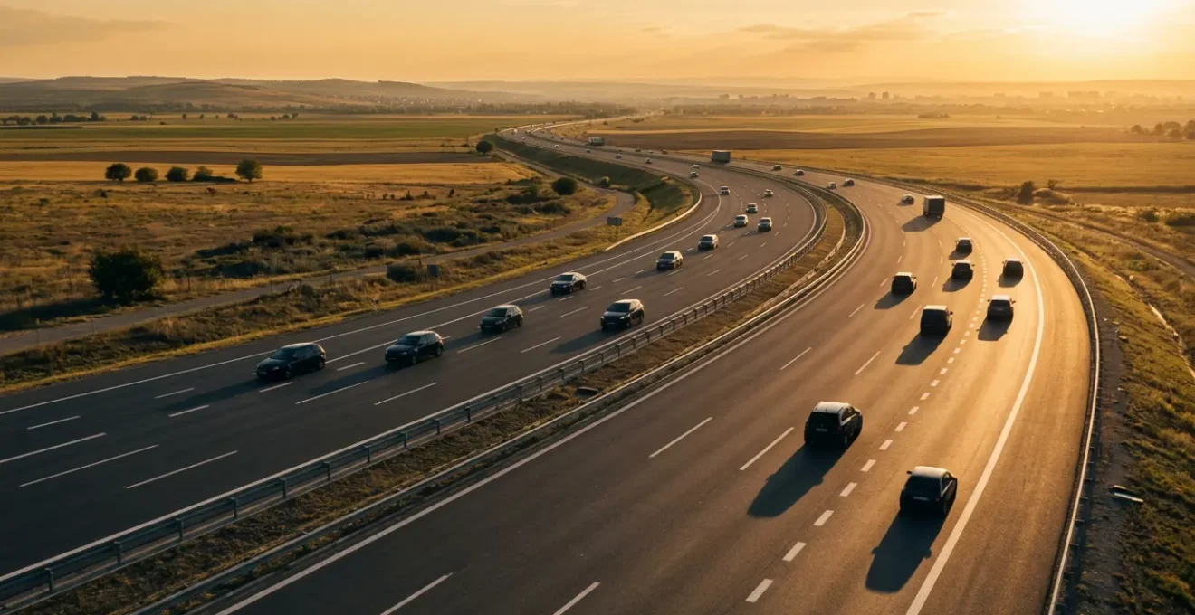 Vue aérienne d'une autoroute avec plusieurs véhicules espacés respectant la distance de sécurité