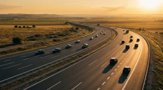 Vue aérienne d'une autoroute avec plusieurs véhicules espacés respectant la distance de sécurité