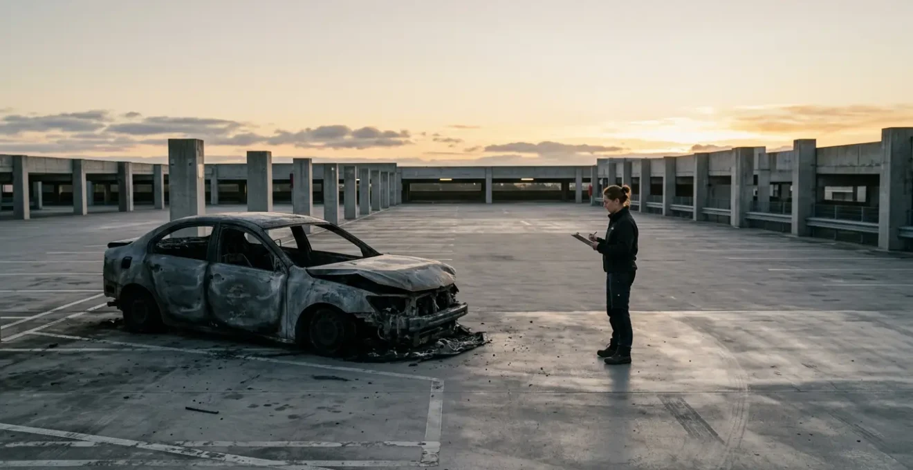 Vue latérale d'un véhicule endommagé par le feu avec un expert en inspection, mise en scène professionnelle
