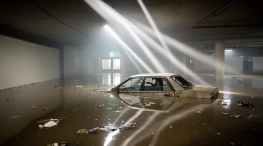 Voiture partiellement submergée dans un parking souterrain inondé après une tempête
