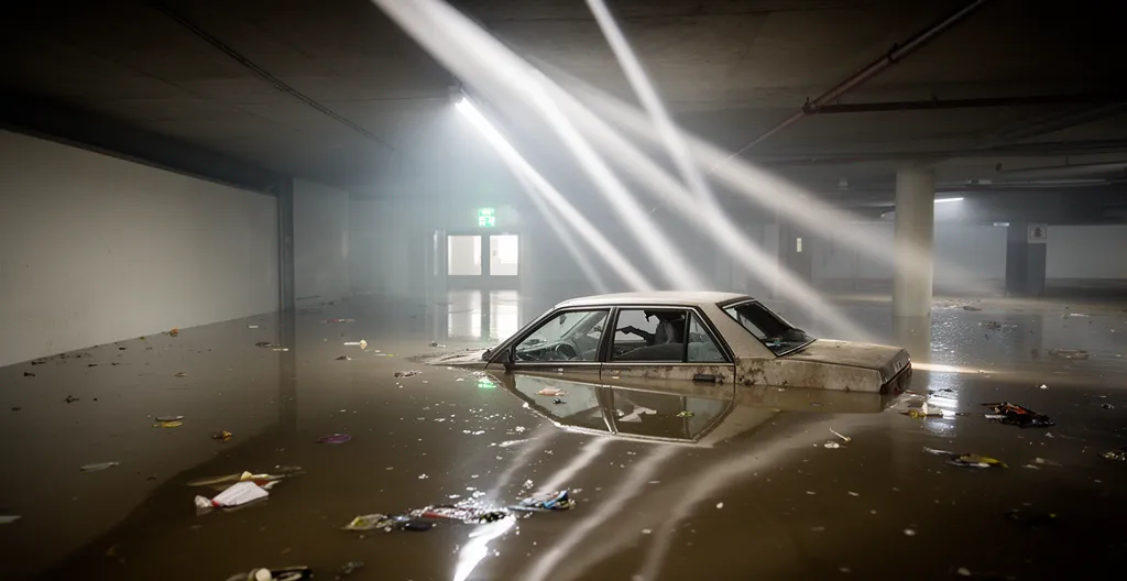 Voiture partiellement submergée dans un parking souterrain inondé après une tempête