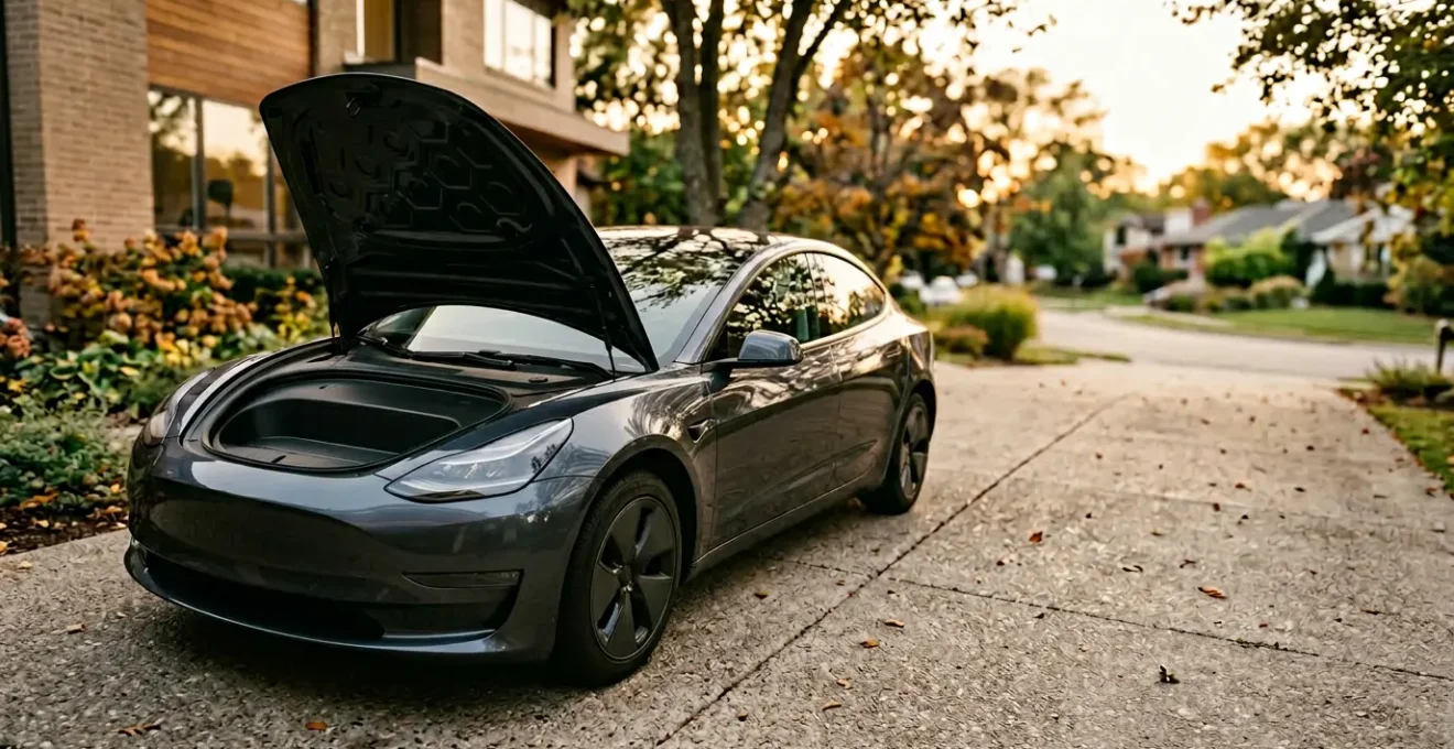Voiture moderne immobilisée dans une allée résidentielle avec capot ouvert et ombres douces suggérant une panne