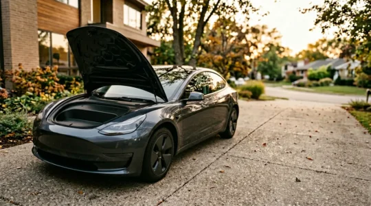 Voiture moderne immobilisée dans une allée résidentielle avec capot ouvert et ombres douces suggérant une panne