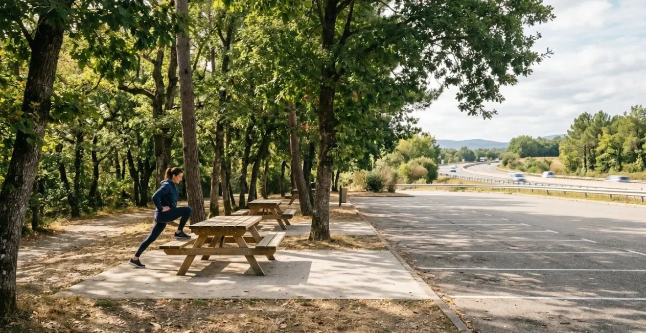 Aire de repos d'autoroute française avec conducteur faisant des étirements