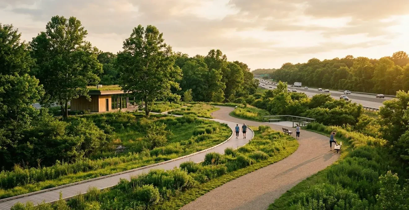 Vue large d'une aire de repos autoroutière avec des espaces verts invitant à la marche et à la détente.