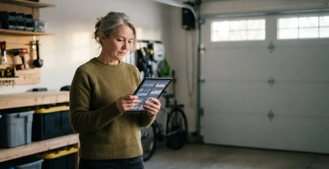 Personne analysant statistiques de sécurité sur tablette avec garage sécurisé en arrière-plan