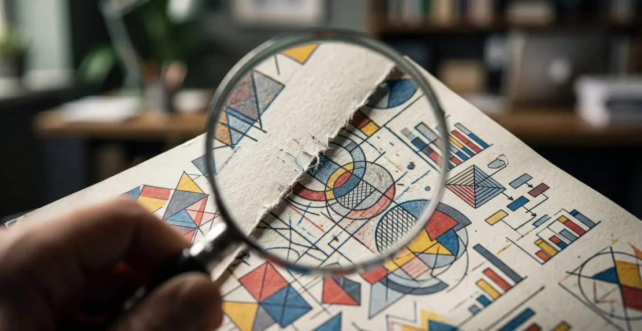 Main tenant une loupe examinant des documents avec motifs abstraits et graphiques colorés